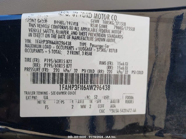 2010 FORD FOCUS SE VIN: 1FAHP3FN6AW296438