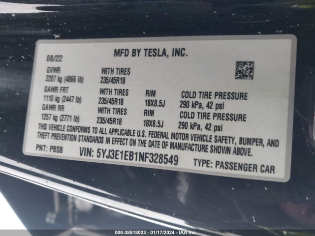 5YJ3E1EB1NF328549 Tesla Model 3 Long Range Dual Motor All-wheel Drive