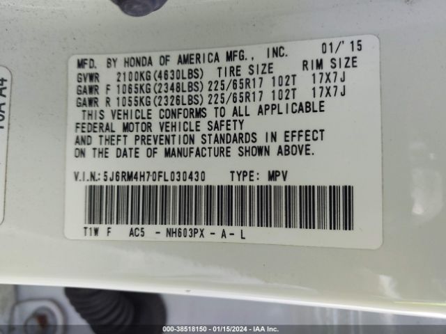 5J6RM4H70FL030430 Honda Cr-v Ex-l