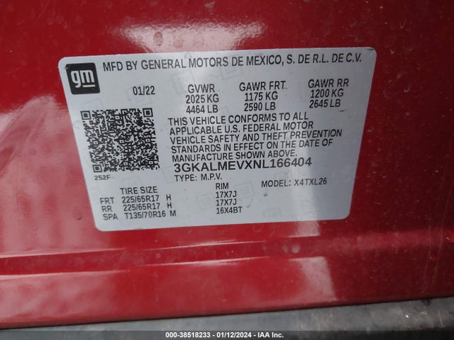 3GKALMEVXNL166404 GMC Terrain Fwd Sle