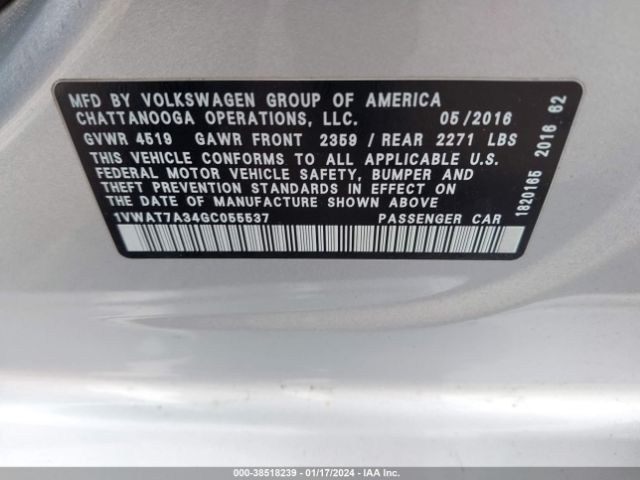1VWAT7A34GC055537 Volkswagen Passat 1.8t S