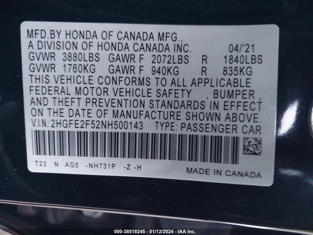 2022 HONDA CIVIC SPORT VIN: 2HGFE2F52NH500143