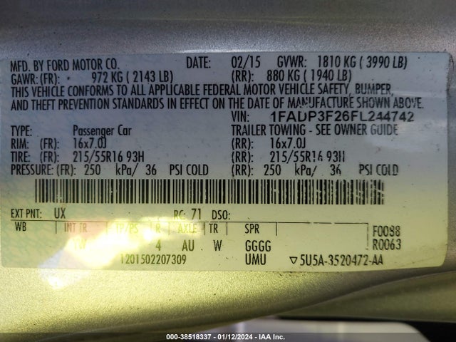 2015 FORD FOCUS SE VIN: 1FADP3F26FL244742