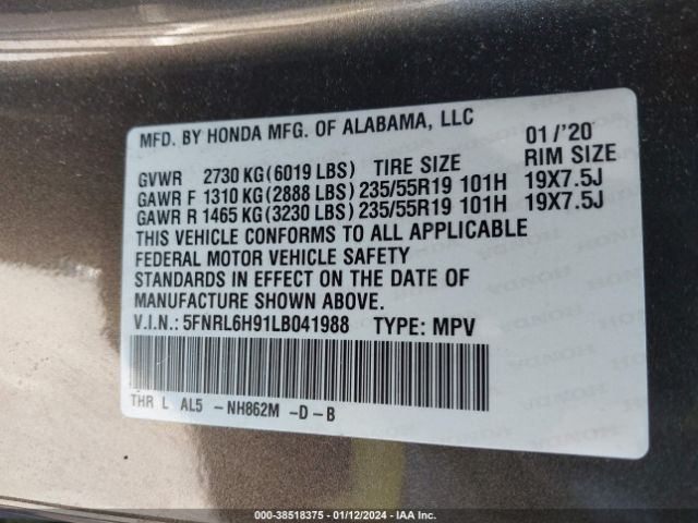 5FNRL6H91LB041988 Honda Odyssey Elite