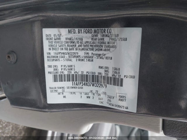 2007 FORD FOCUS S/SE/SES VIN: 1FAFP34N37W322979