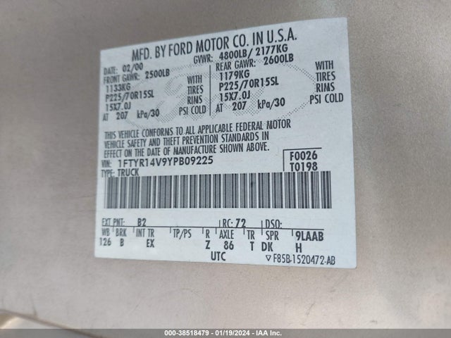 2000 FORD RANGER XL/XLT VIN: 1FTYR14V9YPB09225