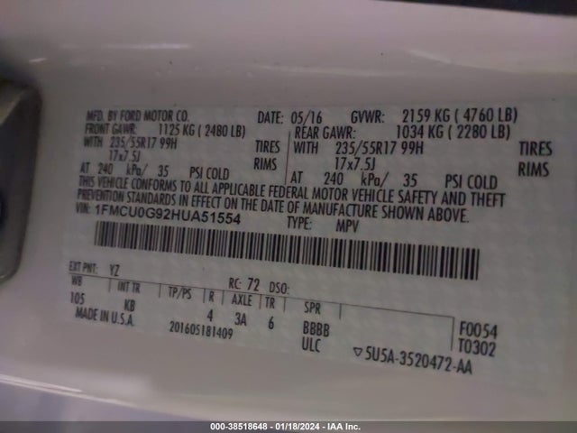 Ford ESCAPE SE 2017 1FMCU0G92HUA51554 Image 9