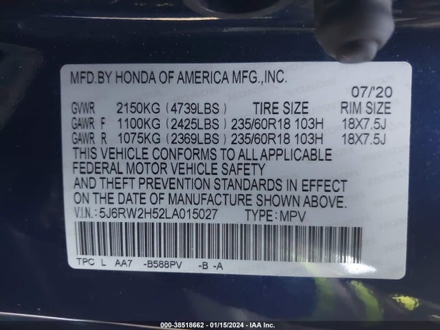 Honda Cr-v Awd Ex 2020 5J6RW2H52LA015027 Image 9