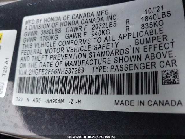 Honda Civic Sport 2022 2HGFE2F56NH537289 Image 9