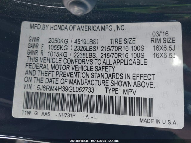 Honda CR-V LX 2016 5J6RM4H39GL052733 Image 9