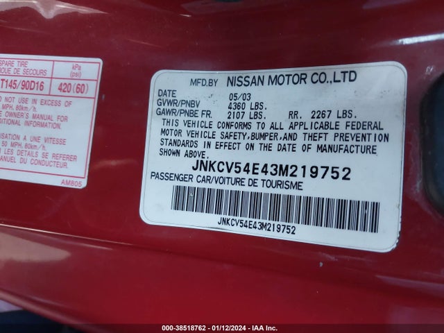 2003 INFINITI G35 LEATHER VIN: JNKCV54E43M219752