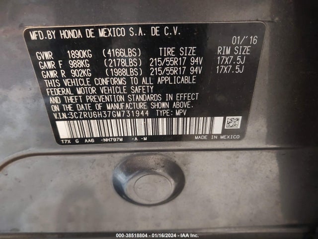Honda HR-V LX 2016 3CZRU6H37GM731944 Image 9