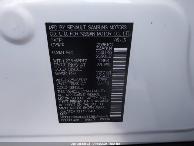 Nissan ROGUE SV 2015 KNMAT2MT0FP571340 Image 9