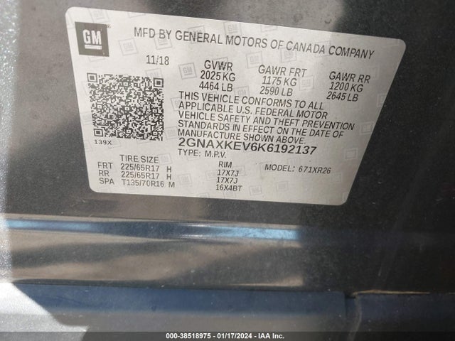 Aukcja sprzedaży 2019 Chevrolet Equinox Lt, vin: 2GNAXKEV6K6192137, numer aukcji: 38518975