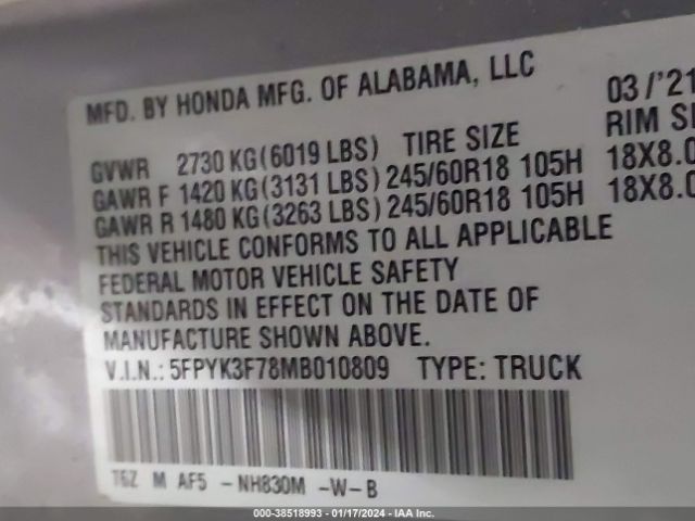 2021 HONDA RIDGELINE 5FPYK3F78MB010809 Photo 8