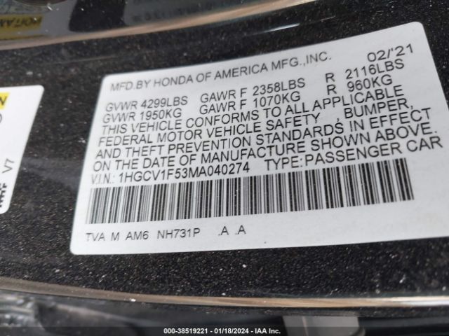 1HGCV1F53MA040274 Honda Accord Ex-l