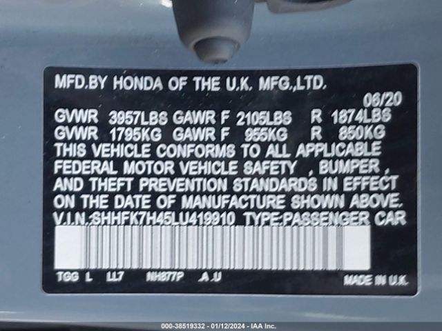 SHHFK7H45LU419910 Honda Civic Sport