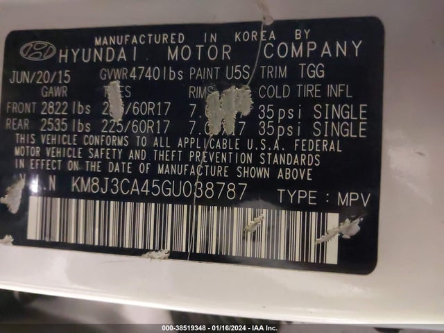 2016 HYUNDAI TUCSON SE VIN: KM8J3CA45GU038787