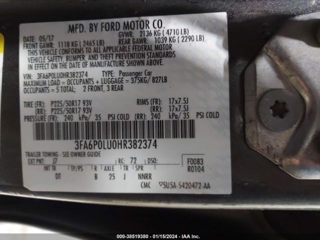 3FA6P0LU0HR382374 Ford Fusion Hybrid Se