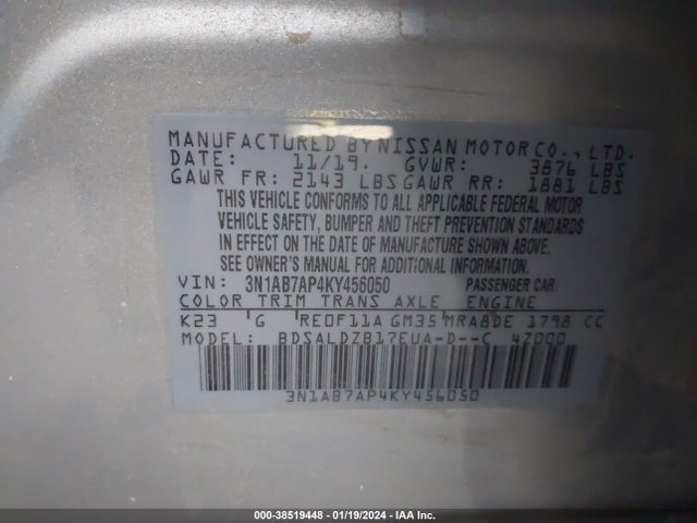 Nissan SENTRA SV 2019 3N1AB7AP4KY456050 Image 9