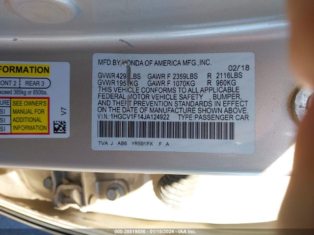 2018 HONDA ACCORD LX VIN: 1HGCV1F14JA124922
