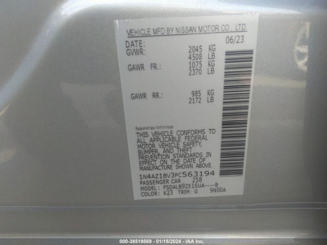 1N4AZ1BV3PC563194 Nissan Leaf S 40 Kwh