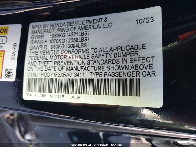 Honda ACCORD EX 2024 1HGCY1F3XRA013411 Image 9