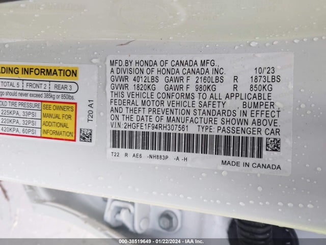 Honda Civic Touring 2024 2HGFE1F94RH307561 Image 9