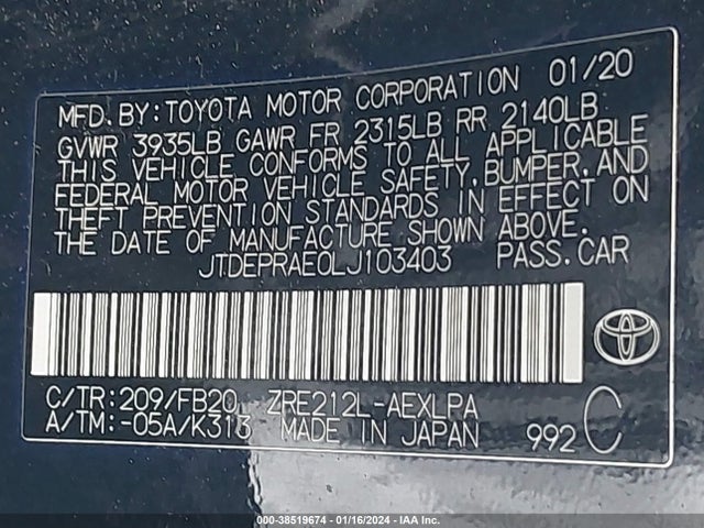 Toyota COROLLA LE 2020 JTDEPRAE0LJ103403 Image 9