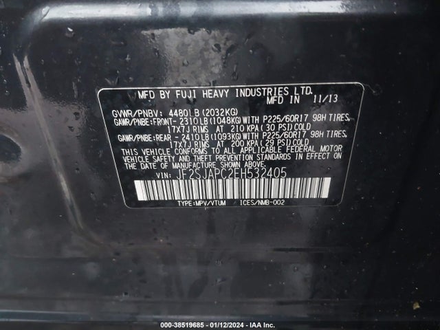 2014 SUBARU FORESTER 2.5I TOURING VIN: JF2SJAPC2EH532405