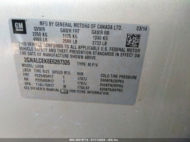 Chevrolet EQUINOX LT 2014 2GNALCEK8E6287326 Image 9