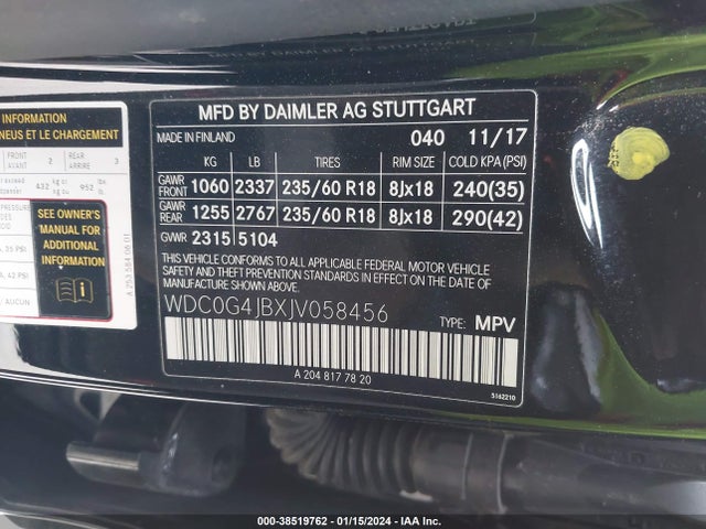 2018 MERCEDES-BENZ GLC 300 VIN: WDC0G4JBXJV058456