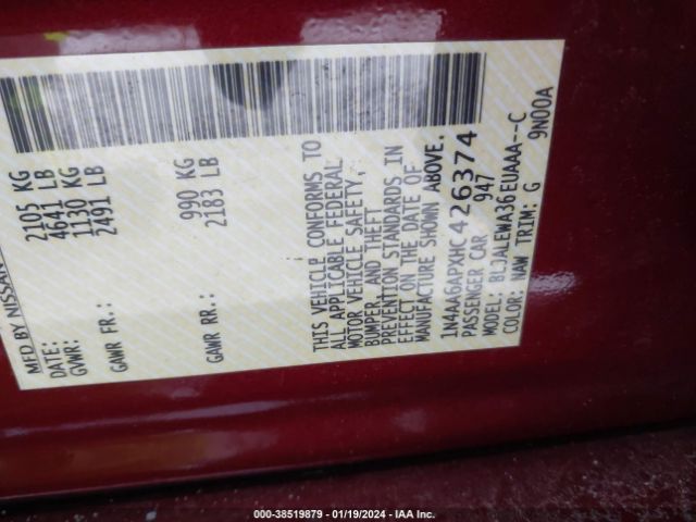 1N4AA6APXHC426374 Nissan Maxima 3.5 Sl