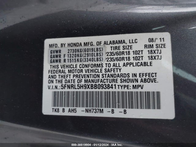 2011 HONDA ODYSSEY TOURING/TOURING ELITE VIN: 5FNRL5H9XBB093841