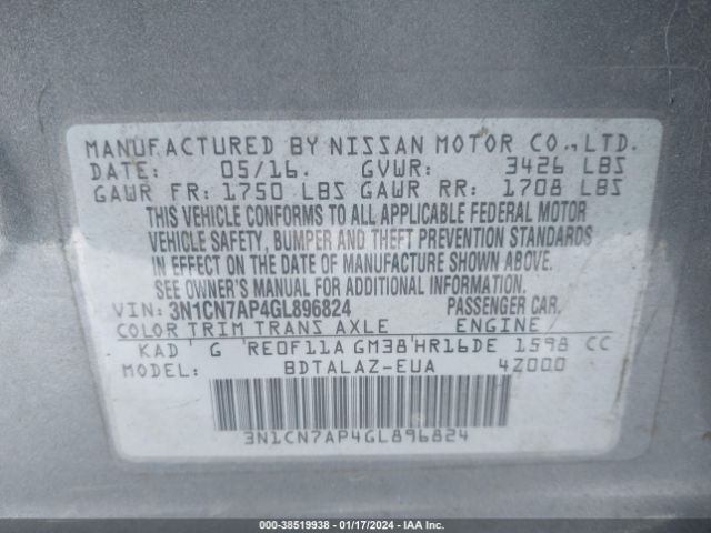 3N1CN7AP4GL896824 Nissan Versa 1.6 S+