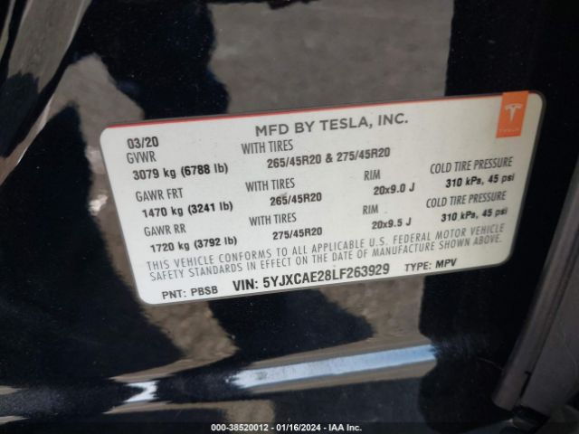 5YJXCAE28LF263929 Tesla Model X Long Range Dual Motor All-wheel Drive/long Range Plus Dual Motor All-wheel Drive