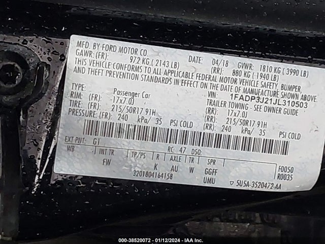 Aukcja sprzedaży 2018 Ford Focus Titanium, vin: 1FADP3J21JL310503, numer aukcji: 38520072