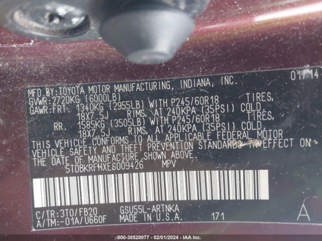 5TDBKRFHXES009426 Toyota Highlander Le V6