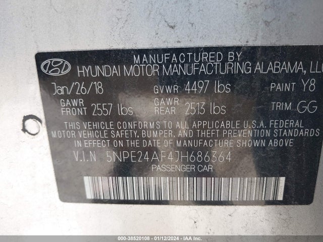 2018 HYUNDAI SONATA SE VIN: 5NPE24AF4JH686364