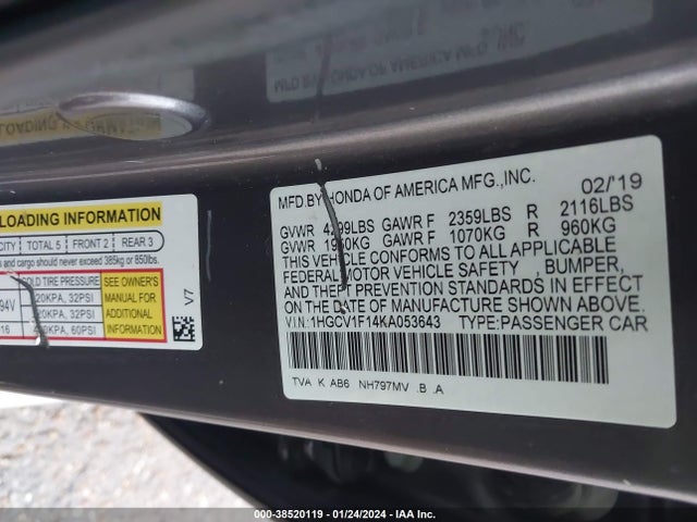 Honda ACCORD LX 2019 1HGCV1F14KA053643 Image 9