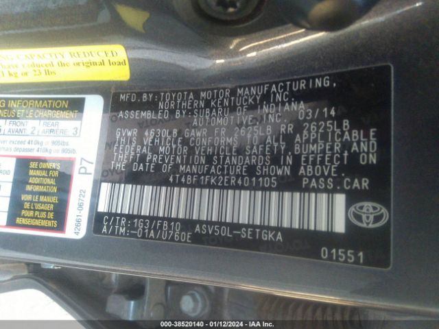 4T4BF1FK2ER401105 Toyota CAMRY XLE