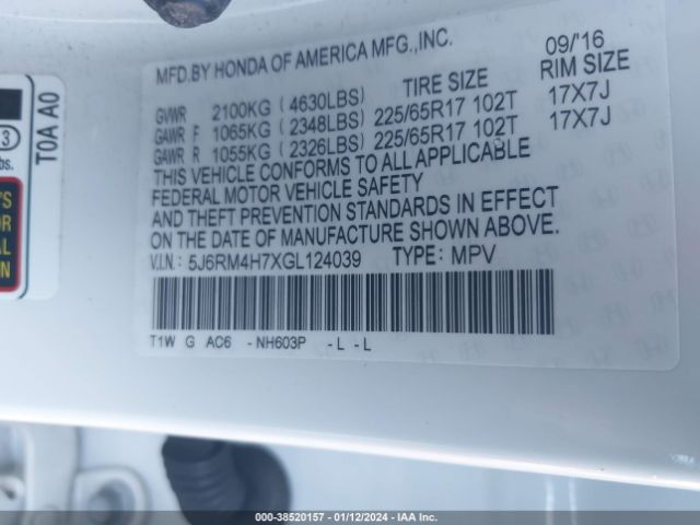 5J6RM4H7XGL124039 Honda Cr-v Ex-l