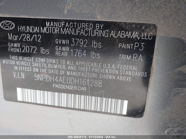 2013 HYUNDAI ELANTRA GLS VIN: 5NPDH4AE0DH161288