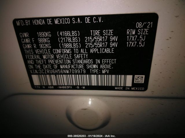 3CZRU6H56NM709979 Honda Hr-v Awd Ex