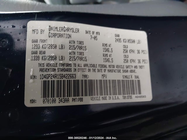 2005 DODGE GRAND CARAVAN SE VIN: 1D4GP24R15B422663