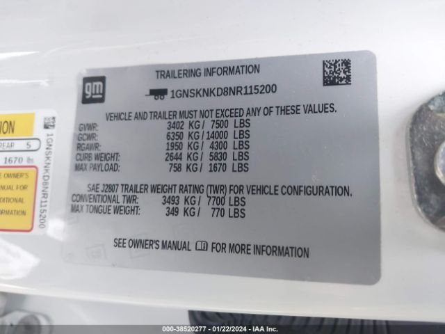 1GNSKNKD8NR115200 Chevrolet Tahoe 4wd Lt