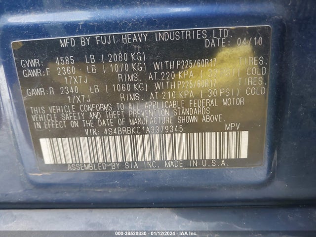 2010 SUBARU OUTBACK 2.5I LIMITED VIN: 4S4BRBKC1A3379345