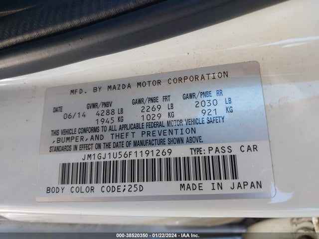 Aukcja sprzedaży 2015 Mazda Mazda6 I Sport, vin: JM1GJ1U56F1191269, numer aukcji: 38520350