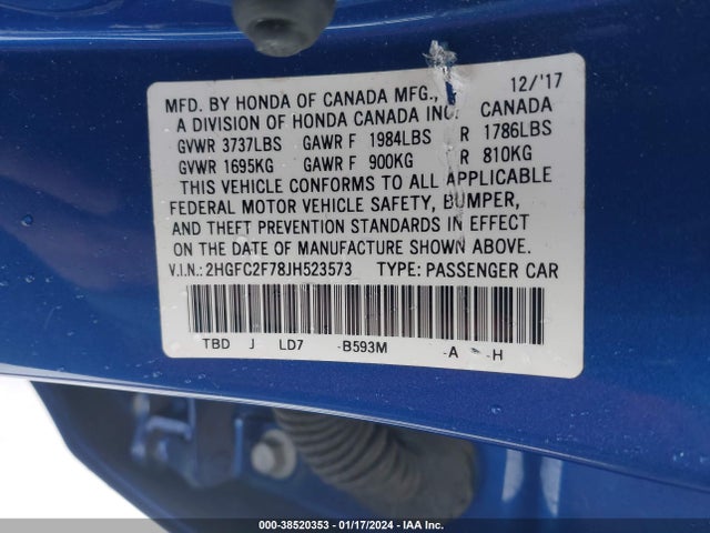 Honda CIVIC EX 2018 2HGFC2F78JH523573 Image 9