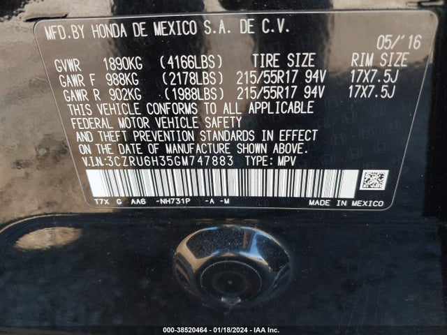 2016 HONDA HR-V LX VIN: 3CZRU6H35GM747883